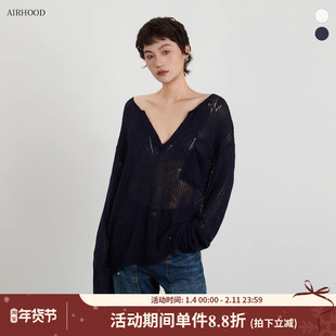 AIRHOOD 2026春夏季欧美微透镂空针织衫女深V领慵懒长袖罩衫上衣