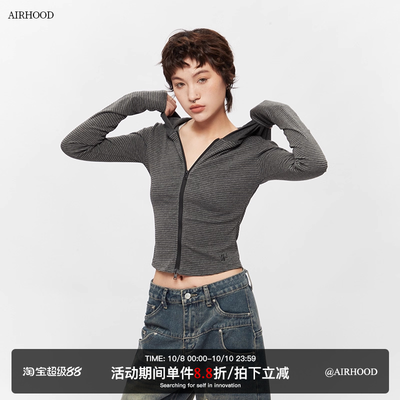 AIRHOOD秋季复古条纹修身连帽拉链开衫长袖T恤女短款打底辣妹上衣