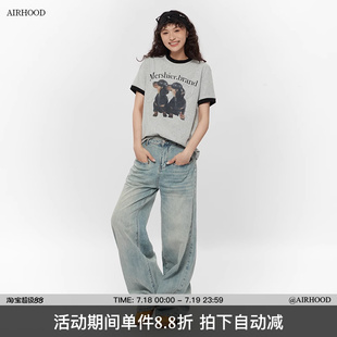 短袖 T恤休閑百搭復古圓領上衣女ins 撞色歐美狗狗印花新款 AIRHOOD