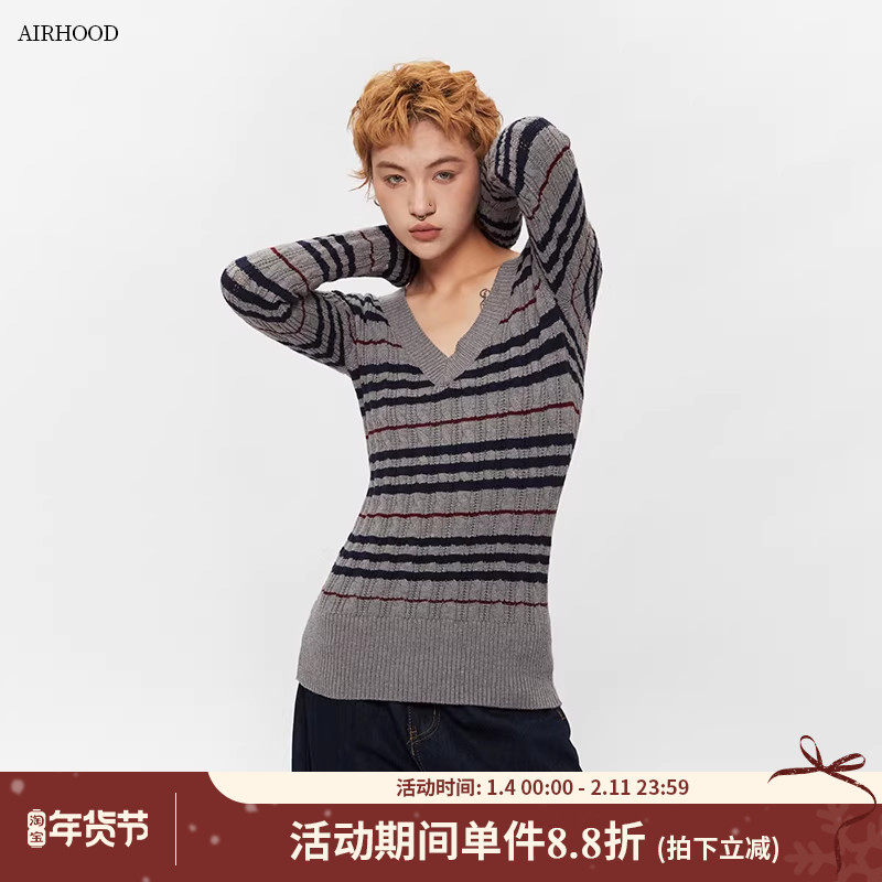 AIRHOOD 2025秋冬美式复古条纹V领针织衫毛衣女修身内搭打底上衣,女装/女士精品,毛针织衫,淘宝优惠券,粉丝福利购,淘宝优惠卷