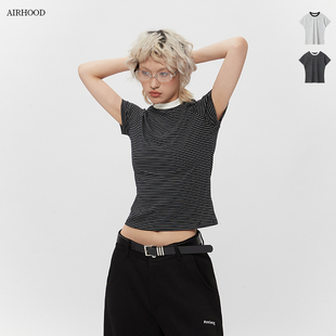 AIRHOOD 2025新款百搭小个子短袖T恤女短款正肩辣妹细条纹上衣夏