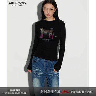 AIRHOOD 辣妹y2k风豹纹印花长袖T恤女修身显瘦小众打底内搭上衣秋