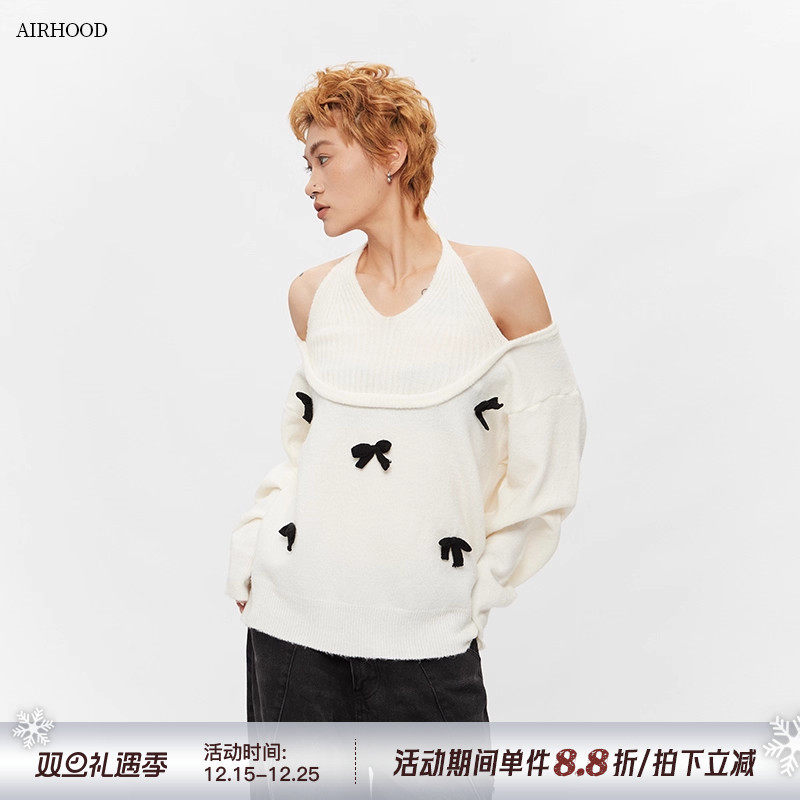 AIRHOOD 美式蝴蝶结露肩性感挂脖毛衣女秋冬宽松慵懒风洋气针织衫