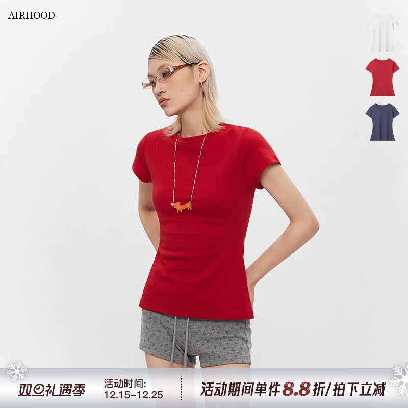 AIRHOOD 夏季多巴胺ins显白红色上衣女短袖显身材修身正肩t恤纯棉