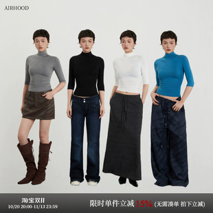 AIRHOOD半高领紧身五分袖T恤修身显瘦2026春夏内搭打底中袖上衣女