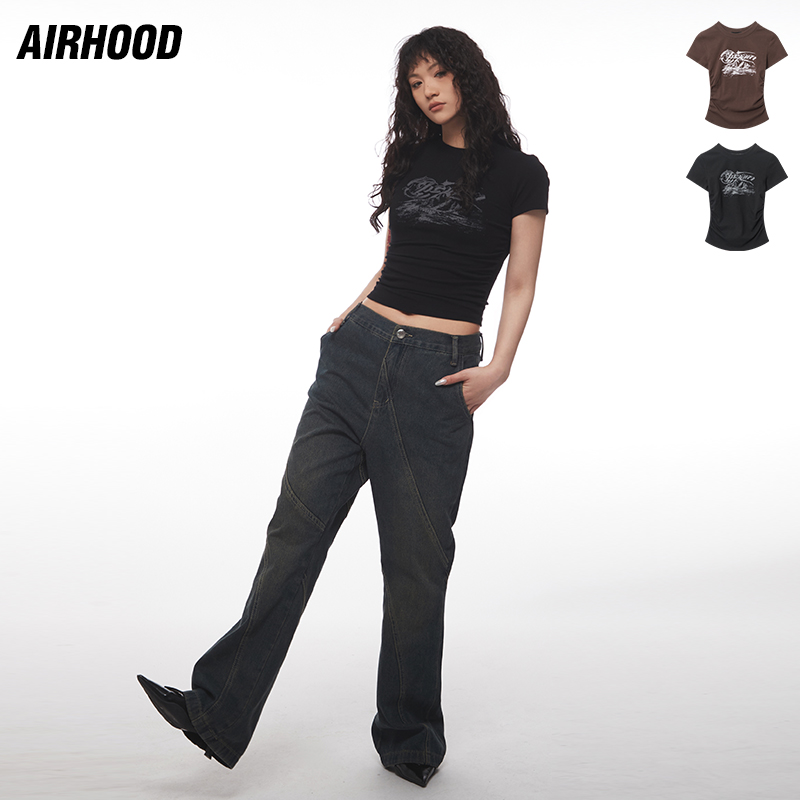 AIRHOOD 美式复古风简约字母印花皱褶短款t恤女紧身显瘦潮牌上衣