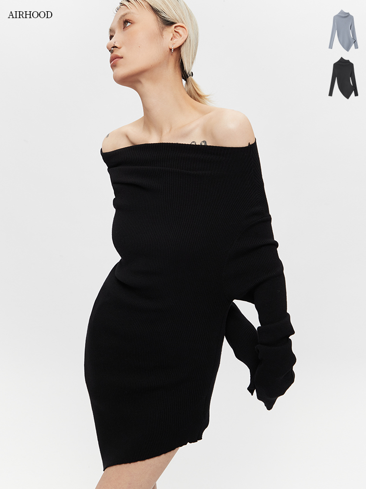2025 One-Shoulder Slim-Fit Elegant Knit Top for Women, Long-Sleeve Asymmetrical Slanted Shoulder Sweater