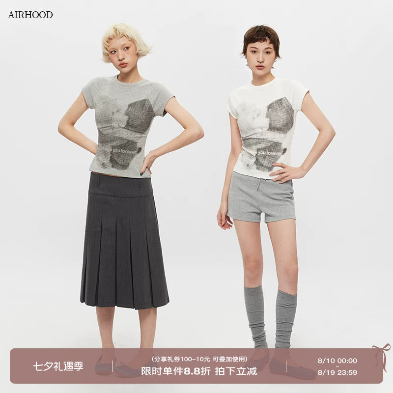 AIRHOOD美式圆领复古正肩短袖T恤女修身印花夏季短款辣妹紧身上衣