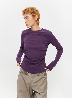 AIRHOOD 秋季紫色长袖内搭T恤女褶皱收腰修身打底衫简约百搭上衣