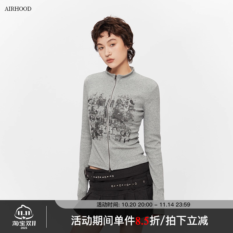 AIRHOOD秋季2025立领美式复古印花修身长袖上衣开衫内搭打底T恤女