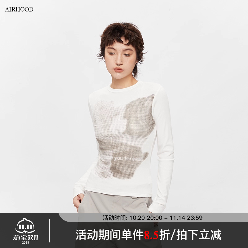 AIRHOOD 小熊美式复古正肩长袖T恤女秋季修身内搭打底衫辣妹上衣