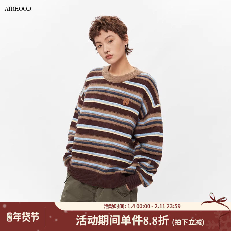 AIRHOOD 美式复古撞色条纹毛衣女秋冬套头宽松慵懒圆领情侣针织衫,女装/女士精品,毛衣,淘宝优惠券,粉丝福利购,淘宝优惠卷