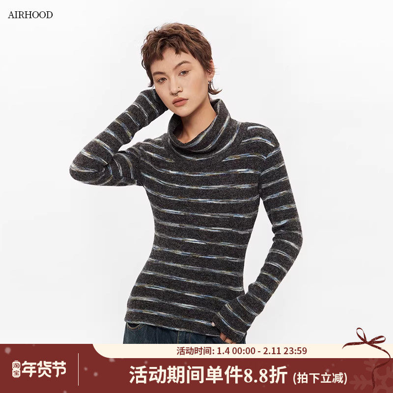 AIRHOOD 秋冬季条纹半高领长袖T恤女修身显瘦打底衫紧身内搭上衣
