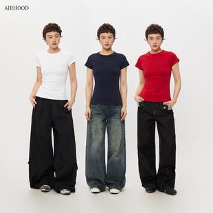 T恤女百搭修身 AIRHOOD 正肩短袖 纯色基础款 显瘦辣妹上衣ins 美式