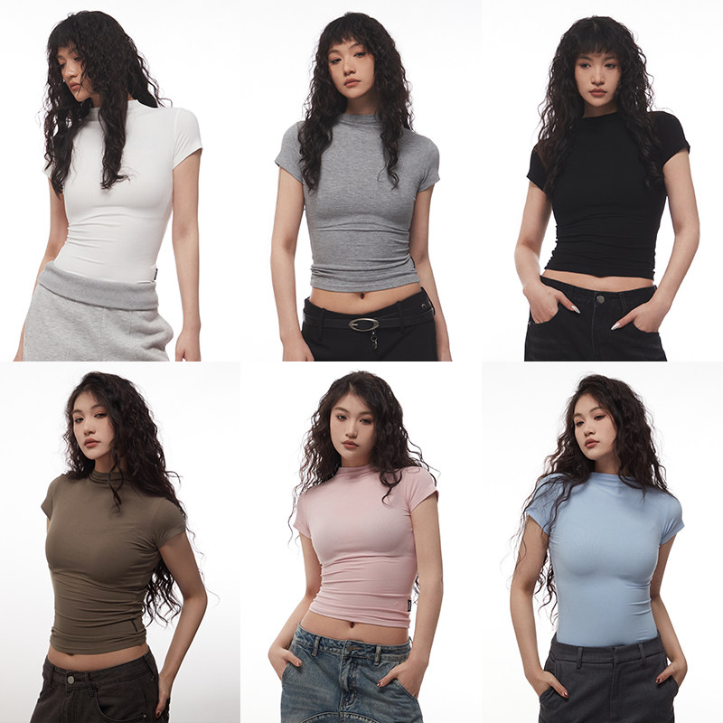 AIRHOOD 美式辣妹修身显瘦正肩短袖T恤女半高领紧身短款上衣多色图片