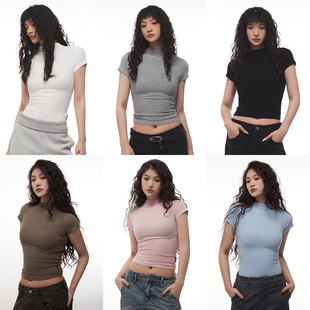 AIRHOOD 美式辣妹修身显瘦正肩短袖T恤女半高领紧身短款上衣多色
