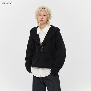 AIRHOOD 美式 2025秋冬连帽毛衣女V领宽松慵懒风潮牌情侣厚针织衫