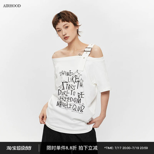 AIRHOOD夏季2025辣妹一字领短袖T恤韩版宽松斜肩不规则露肩上衣女