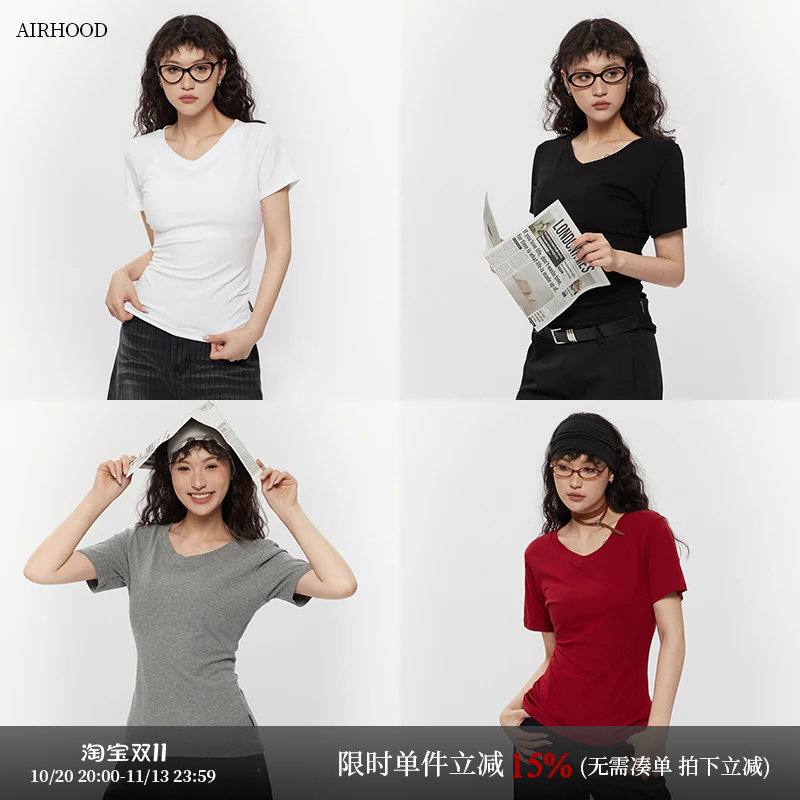 AIRHOOD 基础款白色v领短袖T恤女2025夏修身显瘦百搭正肩短款上衣