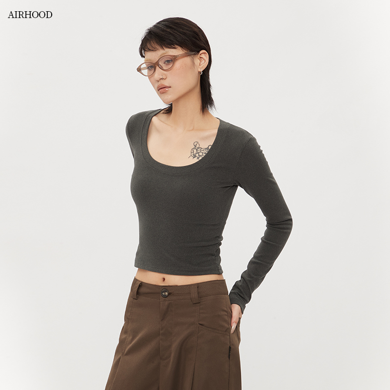 AIRHOOD 美式德容低U领打底衫2025秋冬修身T恤女内搭短款长袖上衣