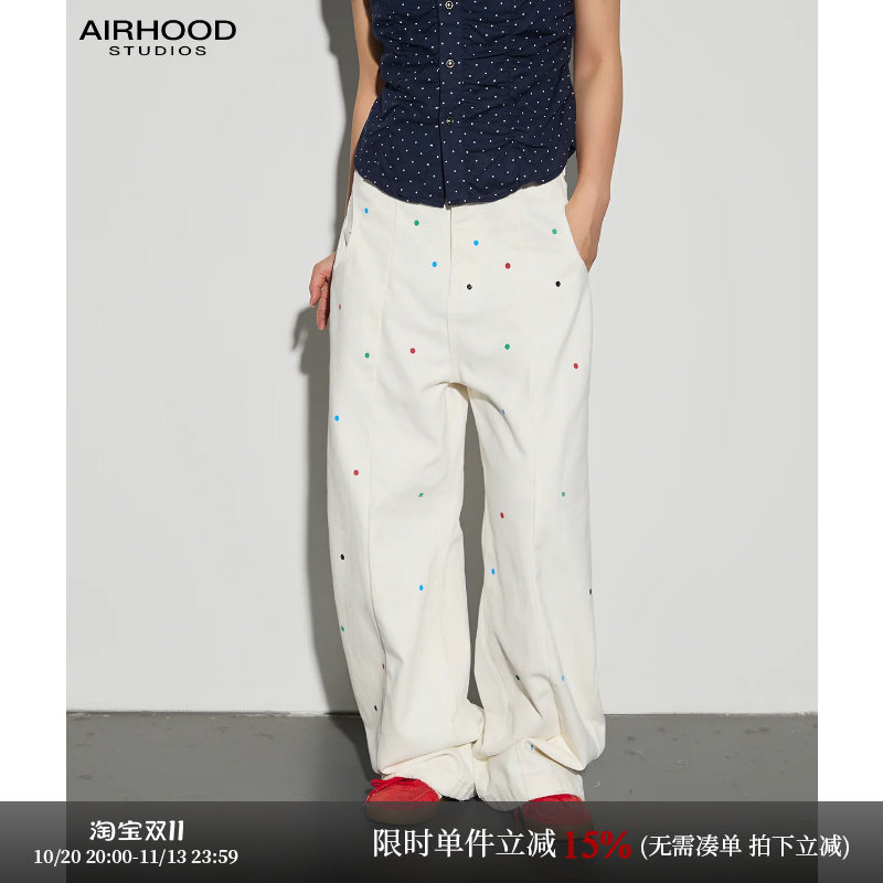 AIRHOOD 美式复古彩色波点白色牛仔裤女宽松直筒长裤丹宁风格秋季