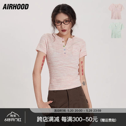 AIRHOOD 潮牌学院风夏季新款V领短袖T恤女修身显瘦百搭短款上衣潮