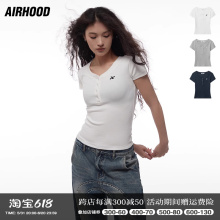 AIRHOOD 夏季修身纽扣V领大口正肩辣妹短款纯色短袖T恤上衣女ins