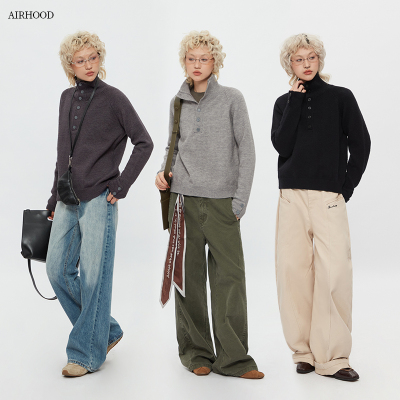 AIRHOOD 美式2025秋冬季半高领针织衫宽松套头内搭打底短款毛衣女