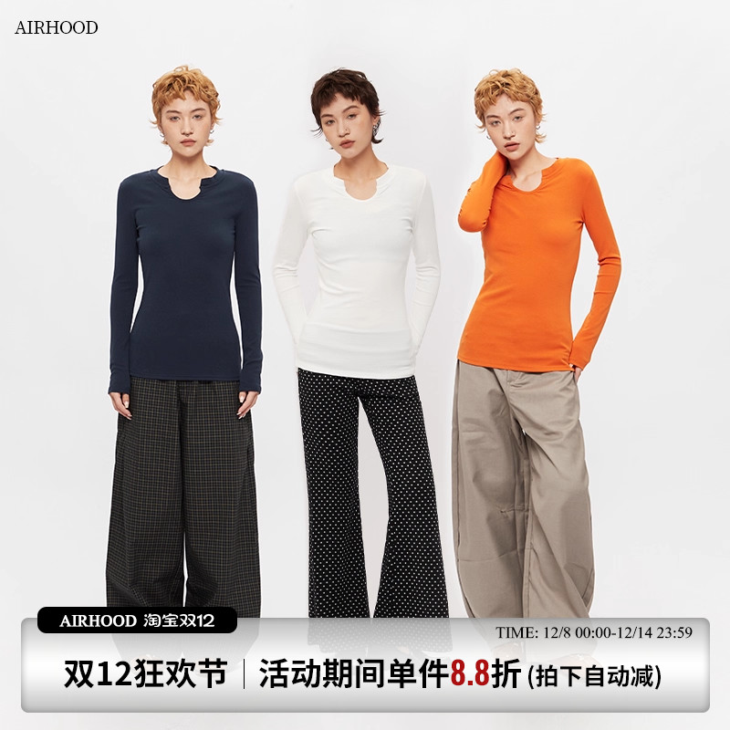AIRHOOD 2025秋季美式纯色长袖T恤女修身显瘦辣妹内搭打底上衣ins