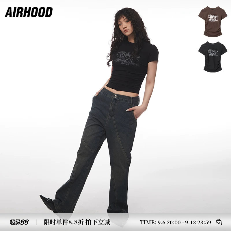 AIRHOOD 美式复古风简约字母印花皱褶短款t恤女紧身显瘦潮牌上衣图片