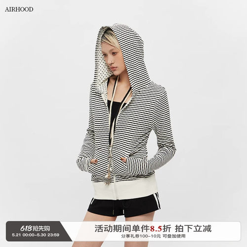 AIRHOOD 2025条纹斑点连帽修身卫衣外套女早秋两面穿短款正肩上衣