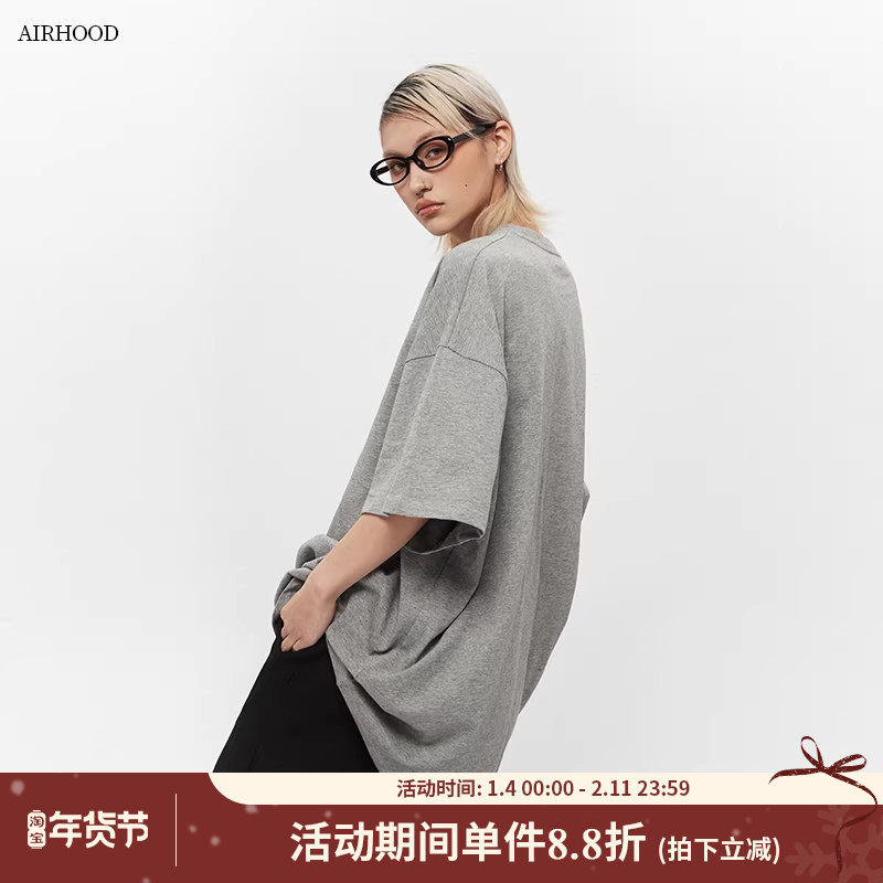 AIRHOOD美式中长款纯棉oversize休闲短袖T恤女大版宽松半袖上衣夏