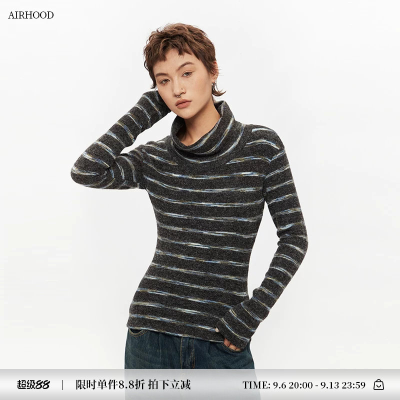 AIRHOOD 秋冬季条纹半高领长袖T恤女修身显瘦打底衫紧身内搭上衣