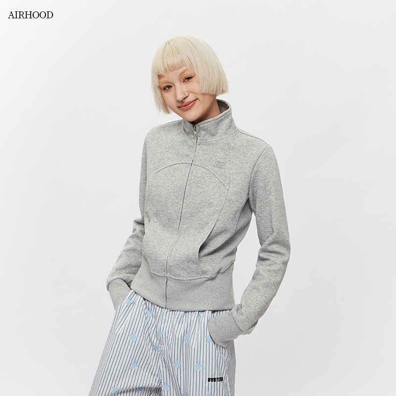 AIRHOOD 2025正肩春秋季原创美式辣妹短款修身半高立领卫衣外套女