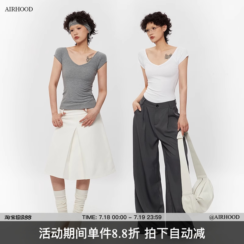 AIRHOOD V领小飞袖T恤女2025夏季修身显瘦大领口正肩辣妹短袖上衣
