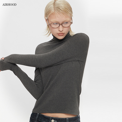 AIRHOOD半高领百搭长袖T恤女2025秋冬新款修身短款内搭打底衫上衣