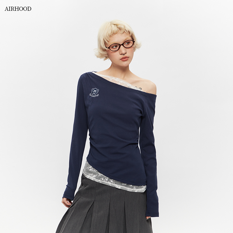 AIRHOOD 性感斜肩辣妹上衣拼接蕾丝内搭纯欲风露肩长袖t恤女纯棉