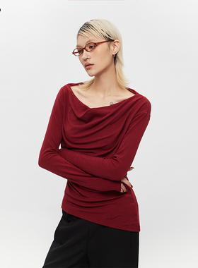 AIRHOOD春秋季2025一字肩修身T恤女红色露肩内搭长袖辣妹荡领上衣