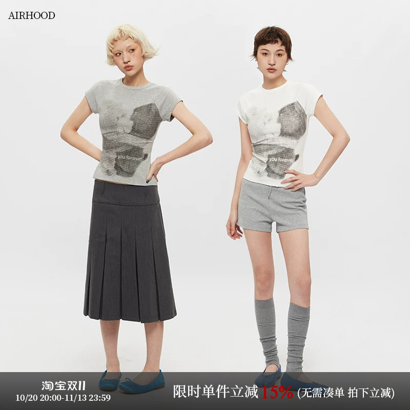 AIRHOOD美式圆领复古正肩短袖T恤女修身印花夏季短款辣妹紧身上衣