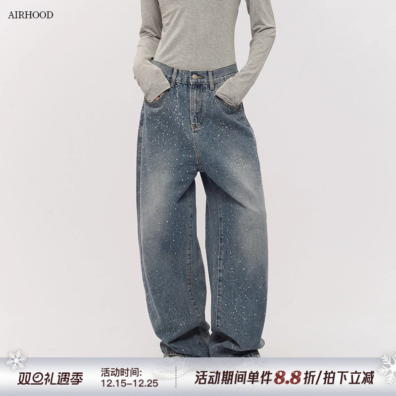 AIRHOOD 秋冬美式复古带烫钻牛仔裤女宽松直筒阔腿裤高街情侣裤子