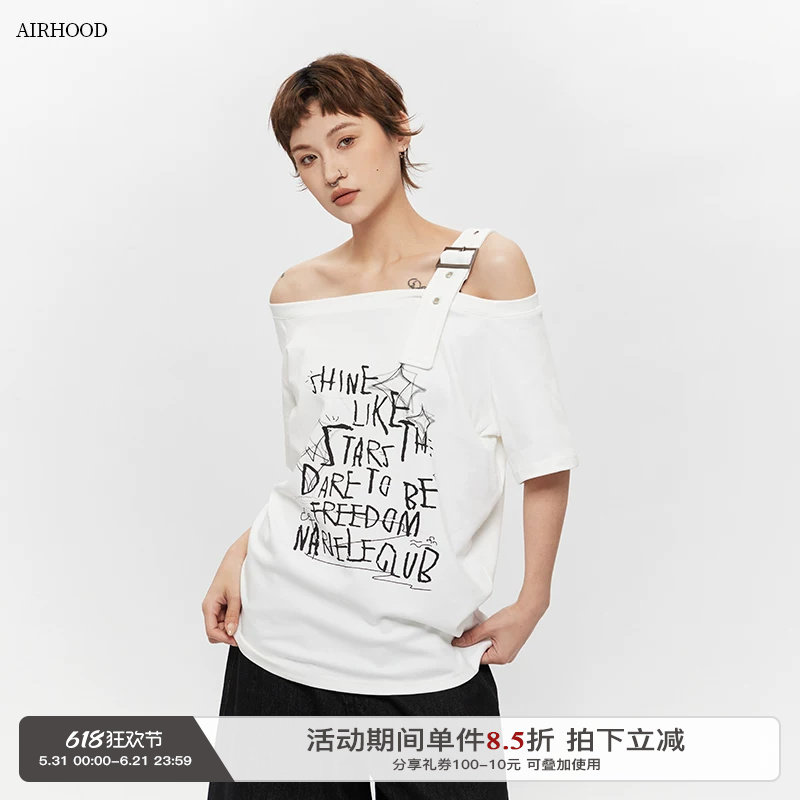 AIRHOOD夏季2025辣妹一字领短袖T恤韩版宽松斜肩不规则露肩上衣女