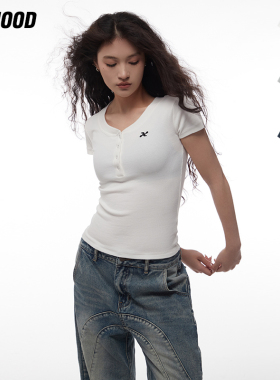 AIRHOOD 夏季修身纽扣V领大口正肩辣妹短款纯色短袖T恤上衣女ins