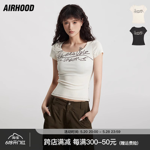 修身 AIRHOOD 辣妹上衣 t恤女夏季 短款 ins小众修身 U领正肩短袖 美式