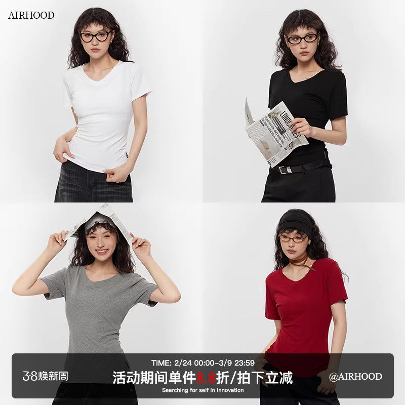 AIRHOOD 基础款白色v领短袖T恤女2025夏修身显瘦百搭正肩短款上衣