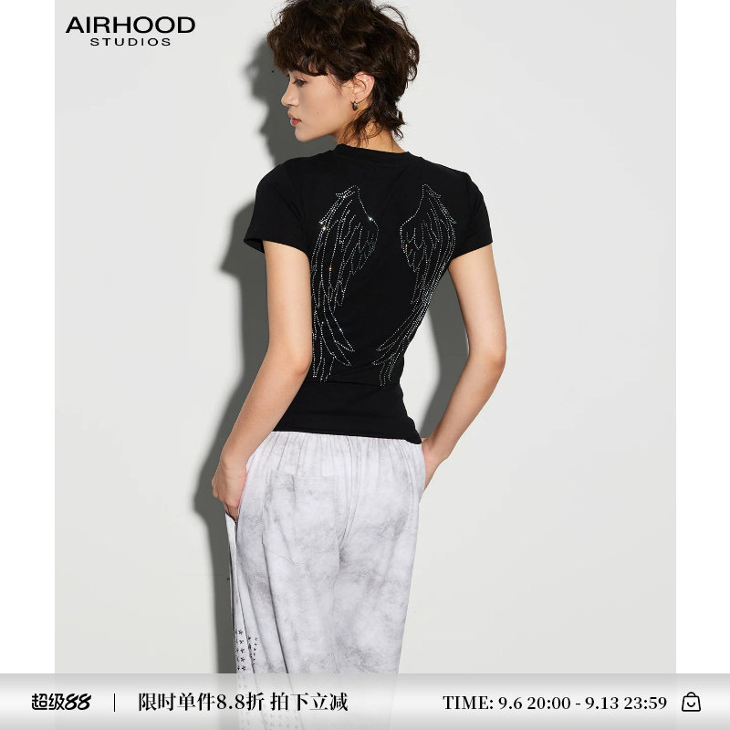 AIRHOOD 美式辣妹烫钻天使翅膀短袖T恤女修身显瘦设计感正肩上衣图片