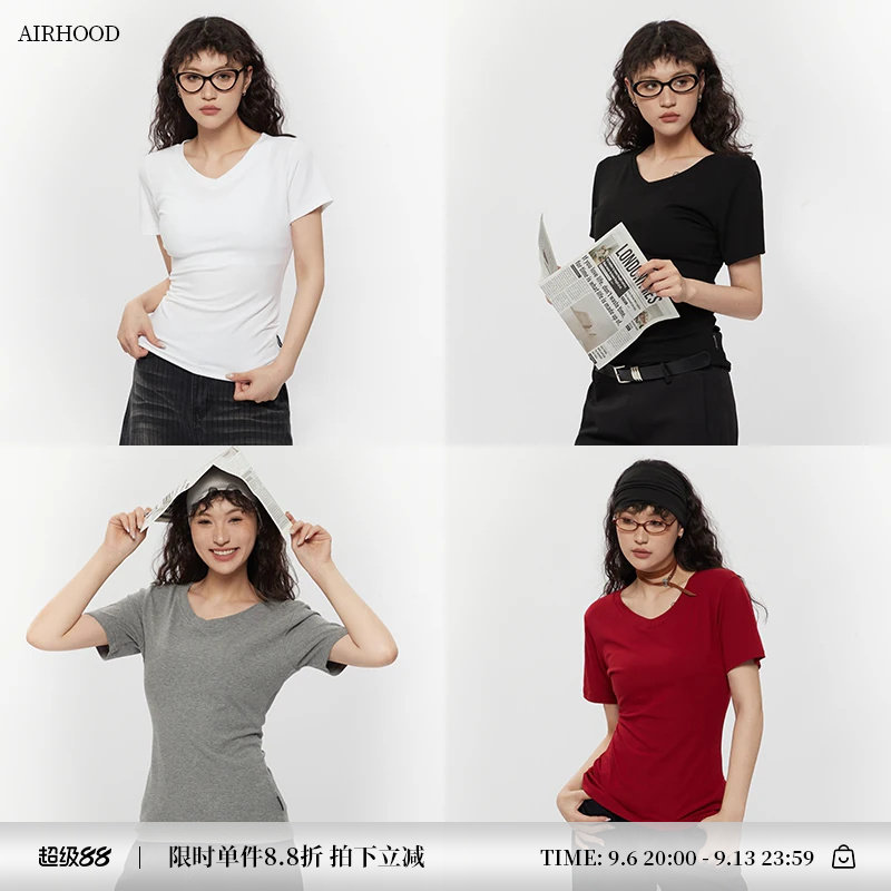 AIRHOOD 基础款白色v领短袖T恤女2025夏修身显瘦百搭正肩短款上衣图片