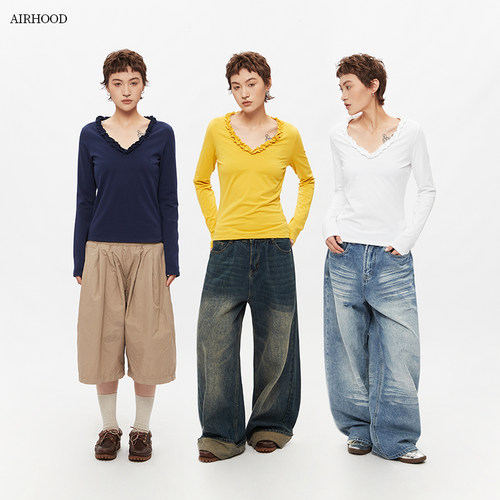 AIRHOOD 美式2025春秋新款花边V领长袖T恤女修身内搭辣妹打底上衣