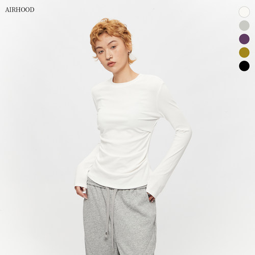 AIRHOOD2025年秋冬季长袖休闲T恤修身白色女皱褶圆领内搭打底上衣