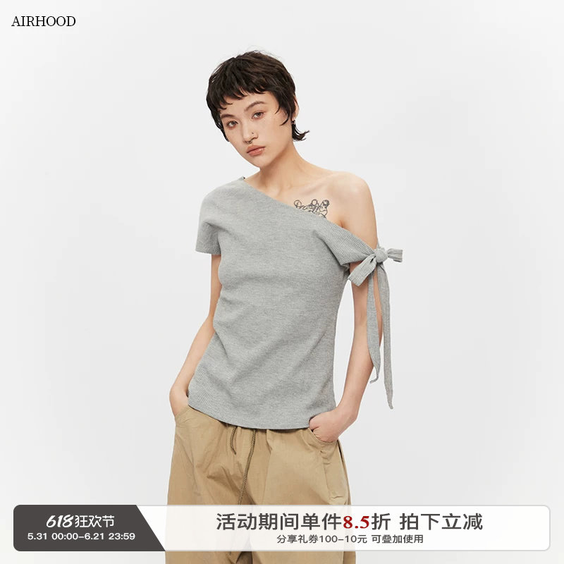 AIRHOOD 2025夏季欧美甜辣性感斜领露肩设计感短袖T恤女百搭上衣