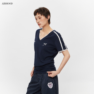2025夏季 辣妹V领蕾丝拼接短袖 AIRHOOD 新款 上衣 T恤女美式 复古修身